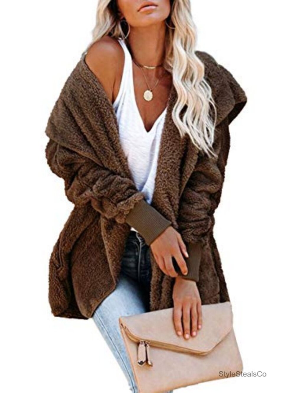 Fuzzy Fleece Open Front Hooded Cardigan with Pockets Winter